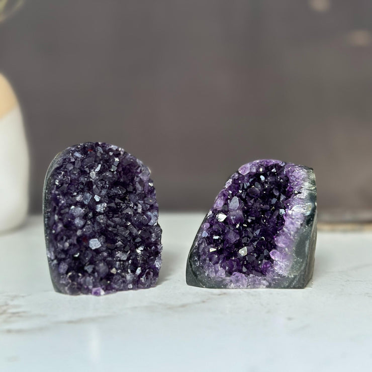 Amethyst geodes set (2 stones) crystal clusters (1.4 Lb full weight)