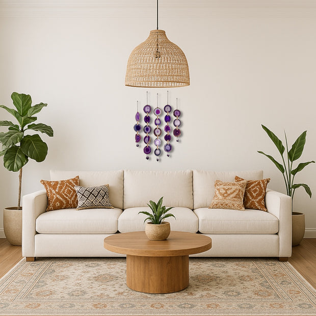 Living room with a beige sofa, wooden coffee table, and decorative elements.