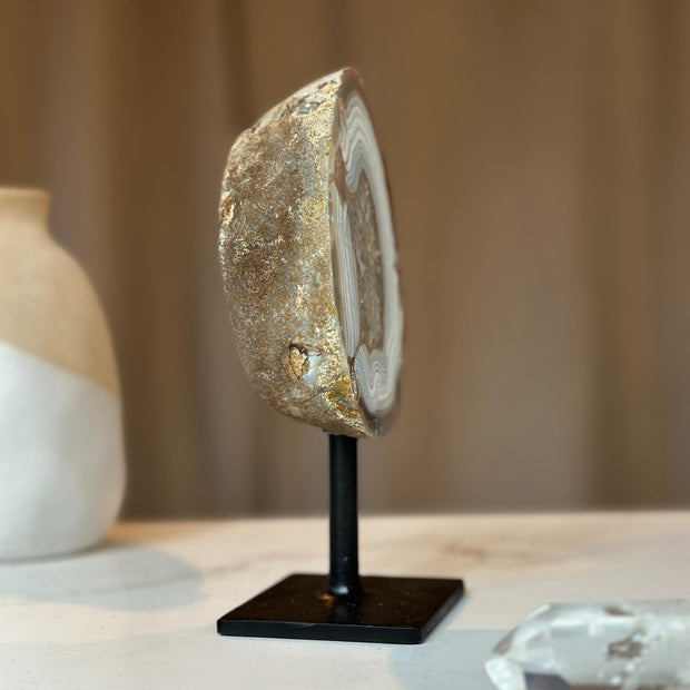 Agate Stone with metal stand included, Gems for home decor, Natural Uruguayan Crystal