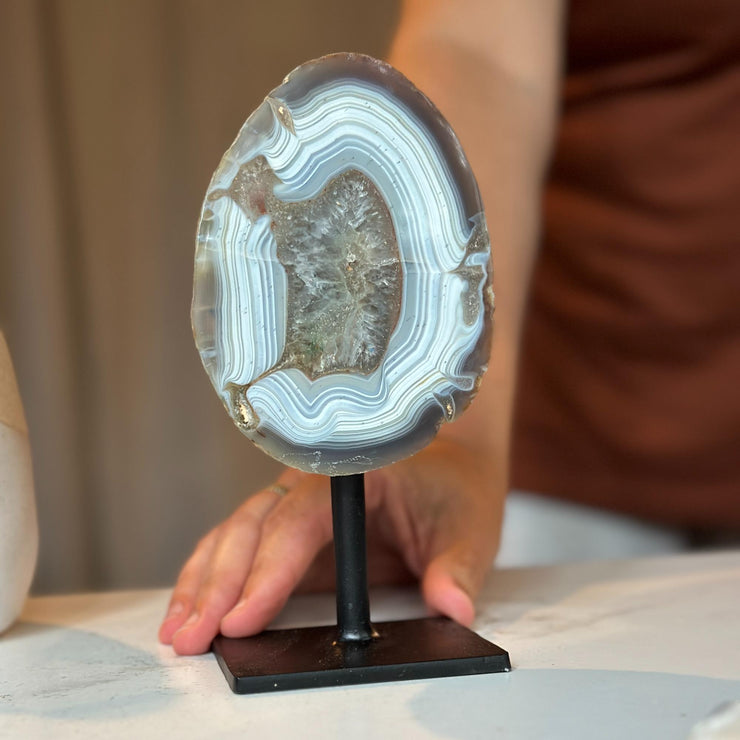 Agate Stone with metal stand included, Gems for home decor, Natural Uruguayan Crystal