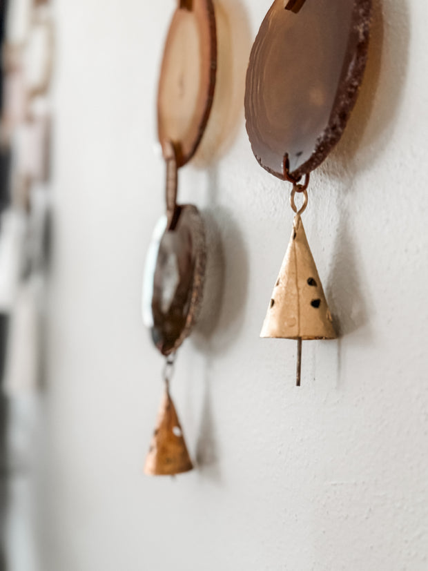 Fall Boho Set No. 4 – Amber & Rust Agate Wall Hanging Pair with Brass Bells