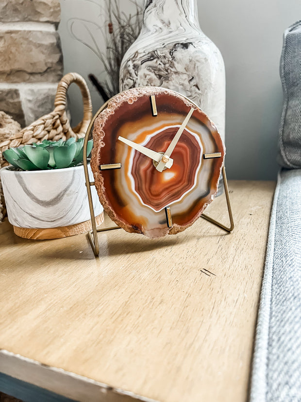 Amber/Orange/Red Agate Desk Clock – Handcrafted Artisan Timepiece