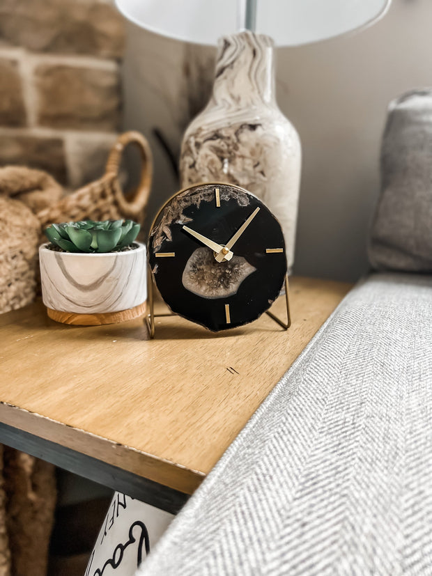 Brown/Black Agate Desk Clock – Handcrafted Artisan Timepiece