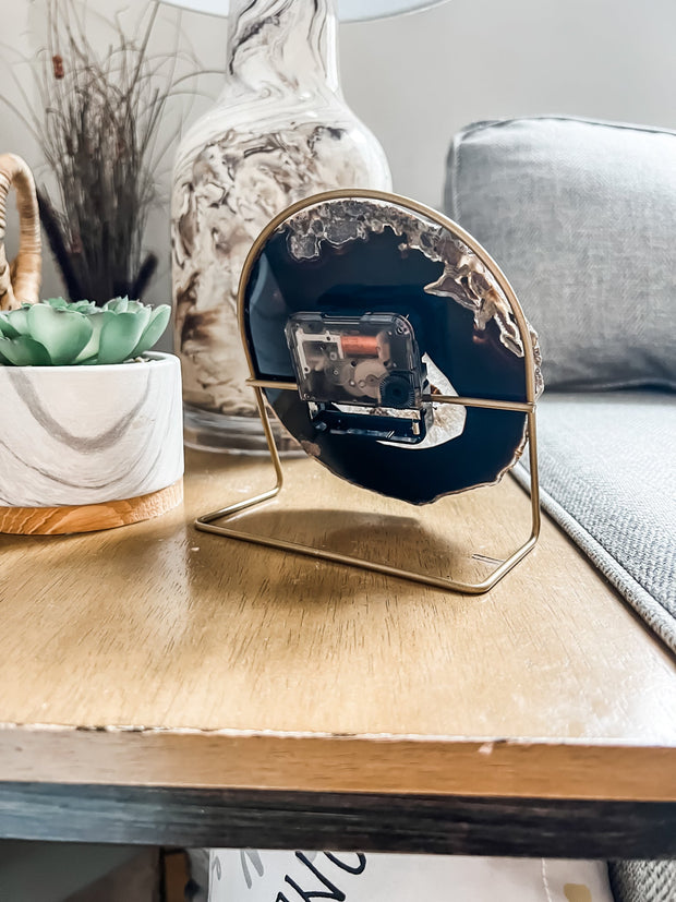 Brown/Black Agate Desk Clock – Handcrafted Artisan Timepiece