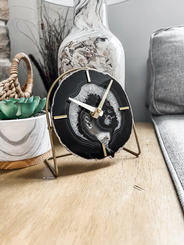 Brown/Black Agate Desk Clock – Handcrafted Artisan Timepiece