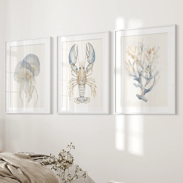 Ocean Animal Prints. Jellyfish, Lobster, Corals Wall Art