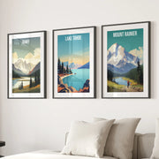 Set of 3 Travel Prints. Banff, Lake Tahoe, Mount Rainier Posters