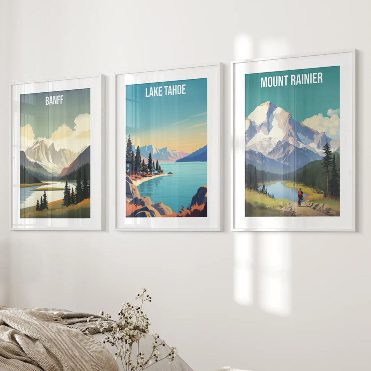 Set of 3 Travel Prints. Banff, Lake Tahoe, Mount Rainier Posters