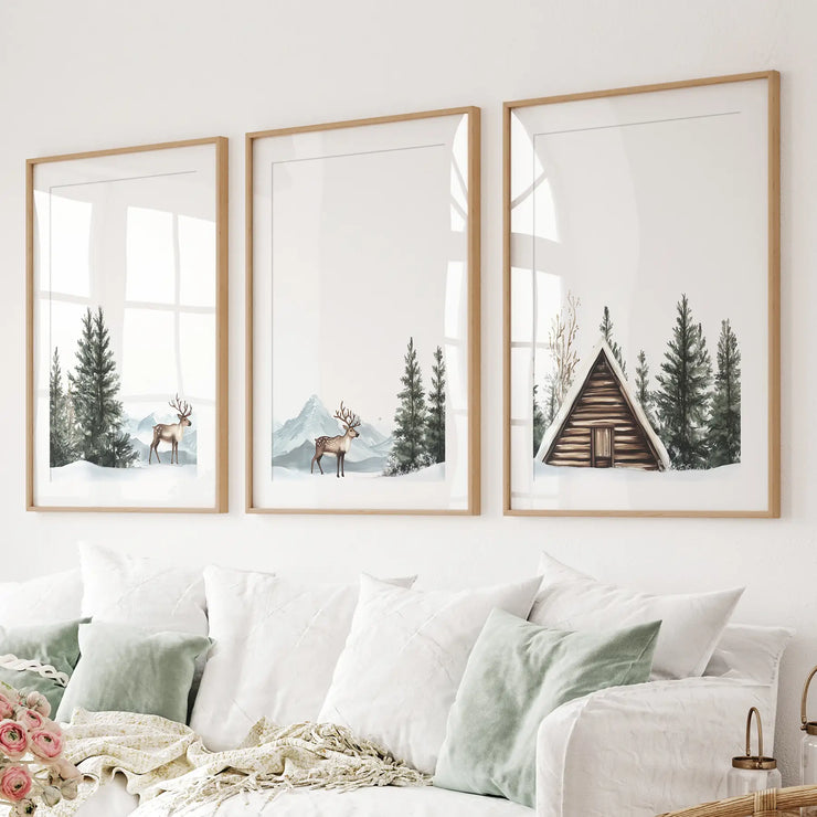 Rustic Cabin, Snowy Forest Prints. 3 Piece Winter Wall Art