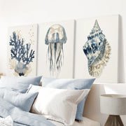 Beach House Wall Art Set. Blue Coral, Jellyfish, Shell