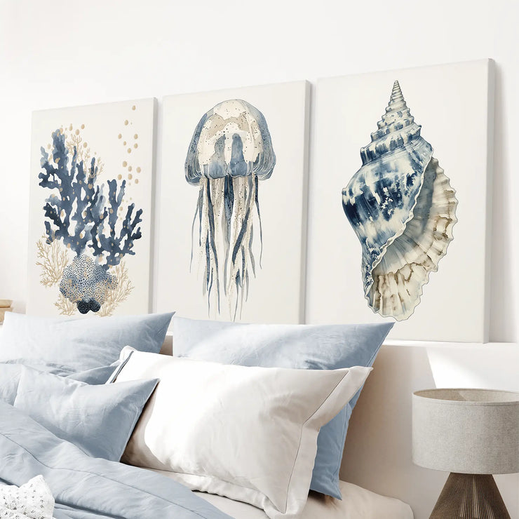 Beach House Wall Art Set. Blue Coral, Jellyfish, Shell