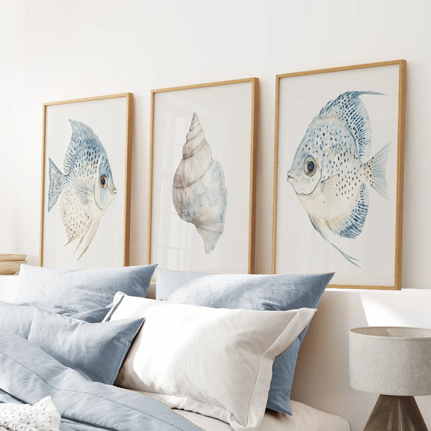 Trendy Nautical Wall Art Set of 3. Seashell and Fishes Posters