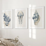 Beach House Wall Art Set. Blue Coral, Jellyfish, Shell
