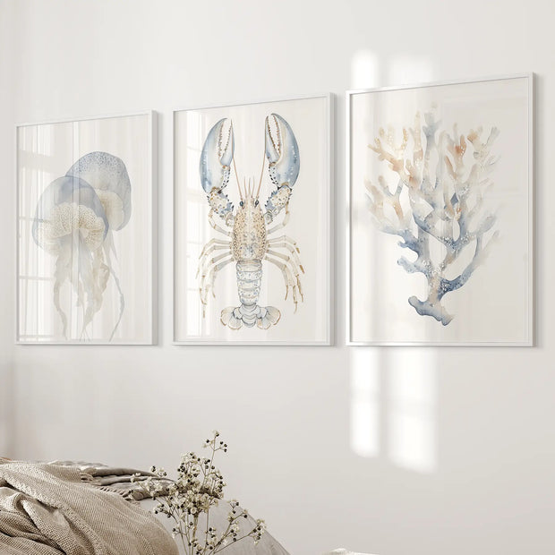 Ocean Animal Prints. Jellyfish, Lobster, Corals Wall Art