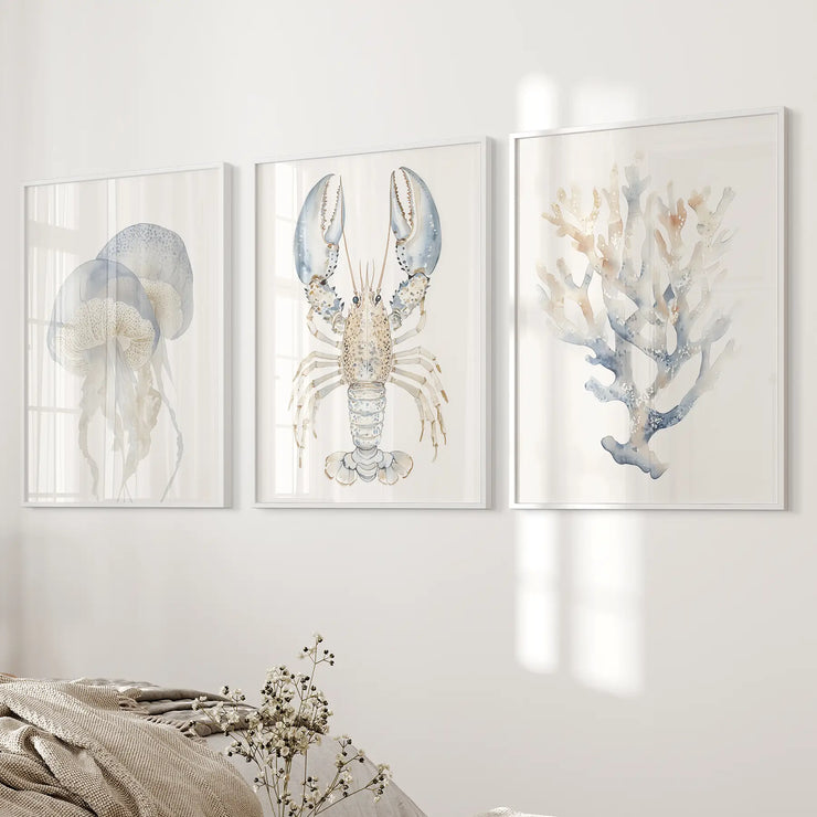Ocean Animal Prints. Jellyfish, Lobster, Corals Wall Art