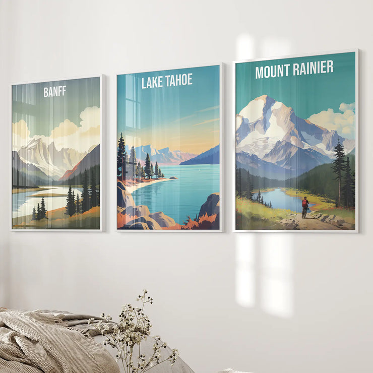 Set of 3 Travel Prints. Banff, Lake Tahoe, Mount Rainier Posters