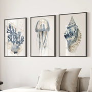 Beach House Wall Art Set. Blue Coral, Jellyfish, Shell