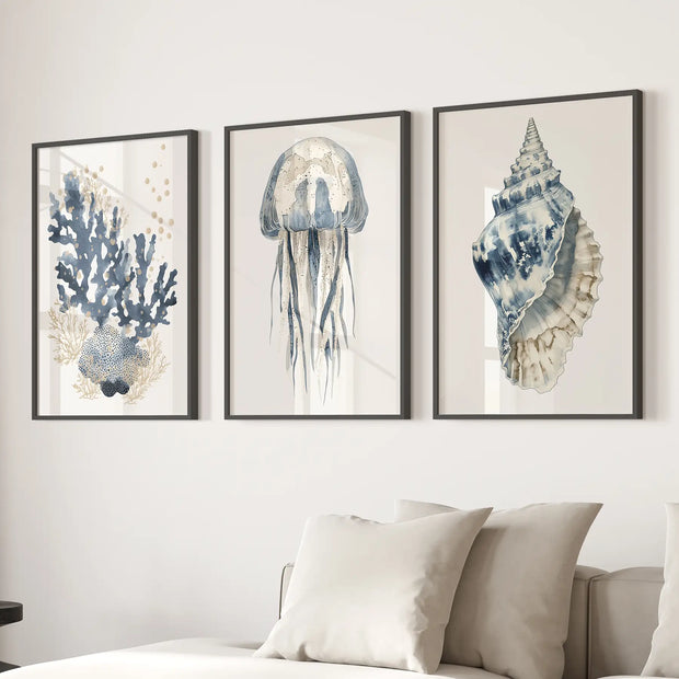 Beach House Wall Art Set. Blue Coral, Jellyfish, Shell