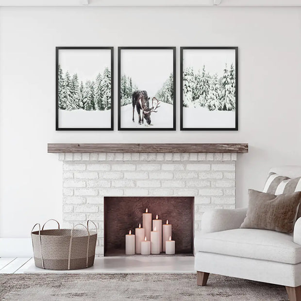 Nordic Winter Wall Art Set of 3. Snowy Forest and Moose