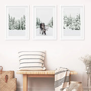 Nordic Winter Wall Art Set of 3. Snowy Forest and Moose