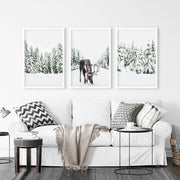 Nordic Winter Wall Art Set of 3. Snowy Forest and Moose