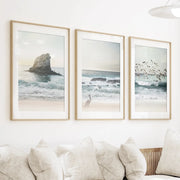 Ocean Beach with Rocks. Beige Blue Coastal Triptych