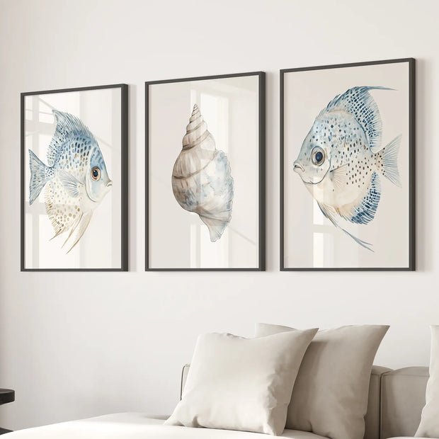 Trendy Nautical Wall Art Set of 3. Seashell and Fishes Posters