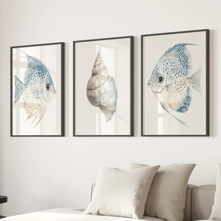 Trendy Nautical Wall Art Set of 3. Seashell and Fishes Posters