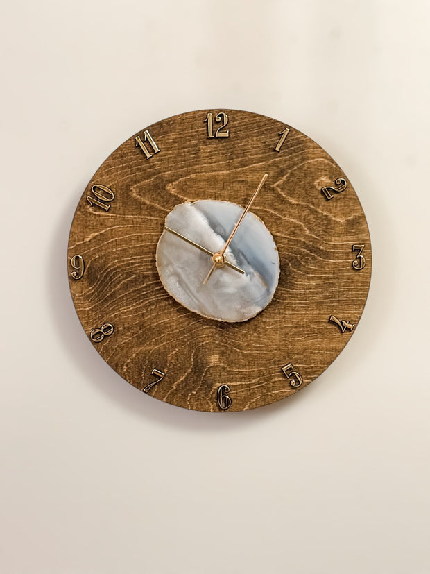 Natural Agate x  Wood Wall Clock - Handcrafted Artisan Timepiece