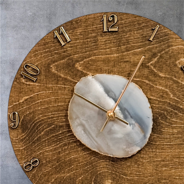 Natural Agate x  Wood Wall Clock - Handcrafted Artisan Timepiece