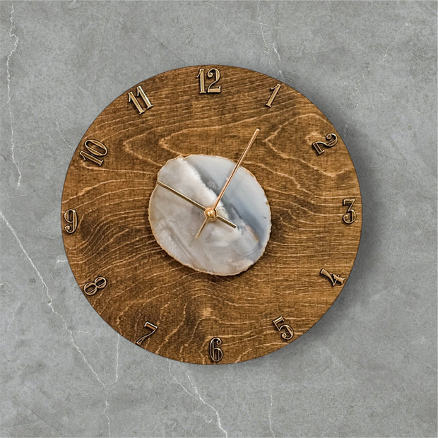 Natural Agate x  Wood Wall Clock - Handcrafted Artisan Timepiece