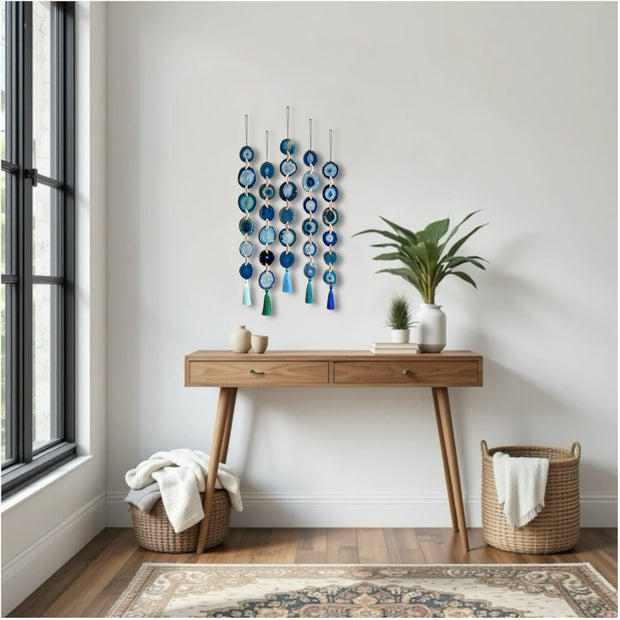 Ocean Dark Blue & Teal Agate Wall Hanging – Handcrafted Boho Garland (Multiple Sizes)