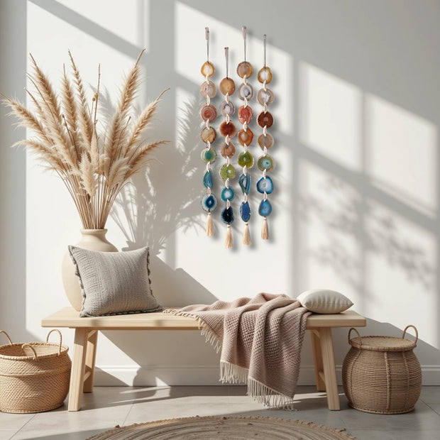 Rosie Natural, Amber, Green & Teal Agate Wall Hanging – Handcrafted Boho Garland (Multiple Sizes)