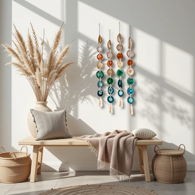 Rosie Natural, Amber, Green & Teal Agate Wall Hanging – Handcrafted Boho Garland (Multiple Sizes)