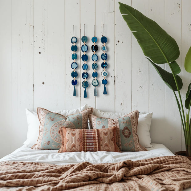 Dark Blue & Teal Agate Garland – Neptune's Tide Boho Wall Hanging