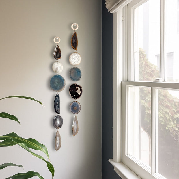 Gray-Blue White & Brown Agate Garland - Driftwood Ember Boho Wall Hanging