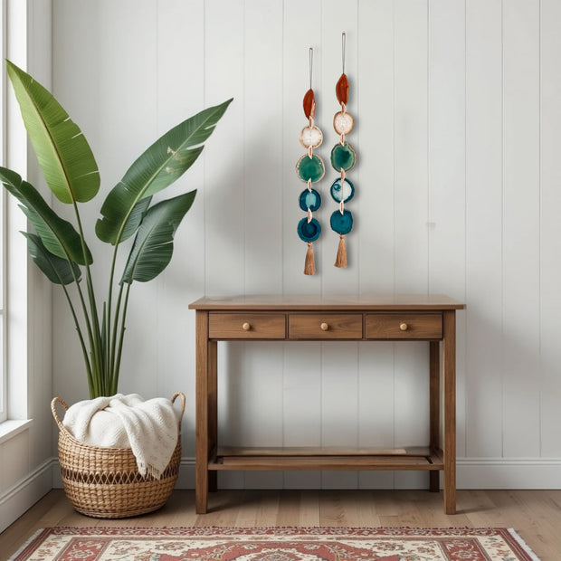 Natural, Amber, Green & Teal Agate Garland – Rosie Boho Wall Hanging (5-Geodes)