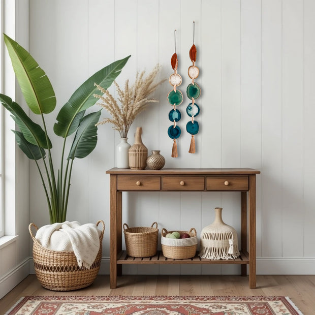 Natural, Amber, Green & Teal Agate Garland – Rosie Boho Wall Hanging (5-Geodes)