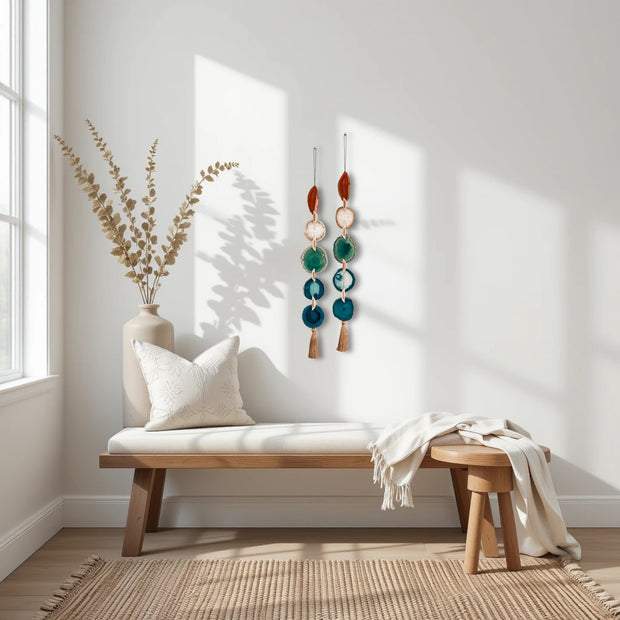 Natural, Amber, Green & Teal Agate Garland – Rosie Boho Wall Hanging (5-Geodes)
