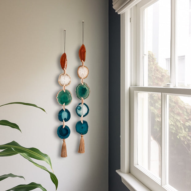 Natural, Amber, Green & Teal Agate Garland – Rosie Boho Wall Hanging (5-Geodes)