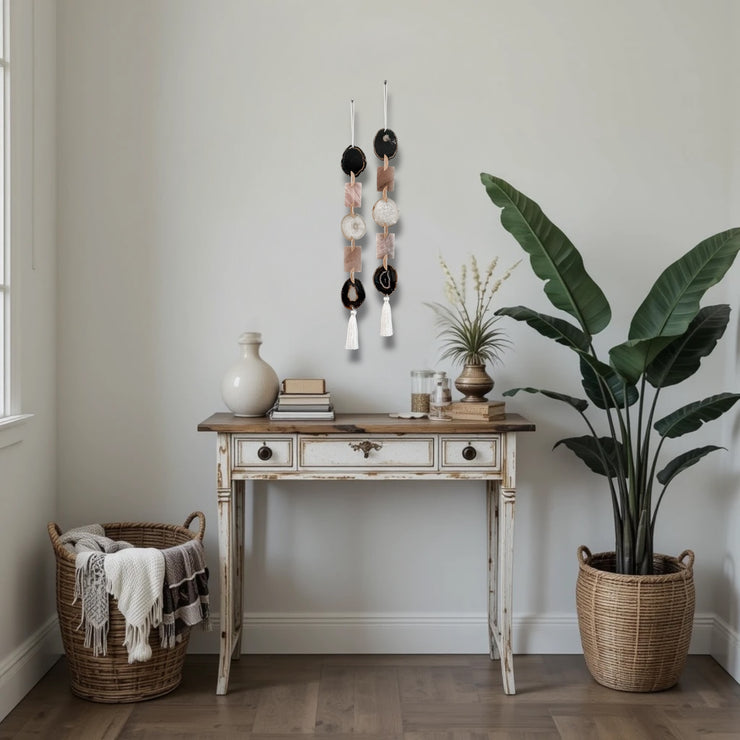 Set of 2 White, Black & Blush – Moody Blush Agate Wall Hanging - Handcrafted Boho Garland