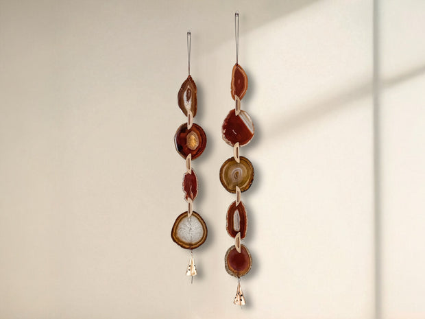 Fall Boho Set No. 1 – Handcrafted Agate Wall Hanging Pair with Rustic Brass Bells