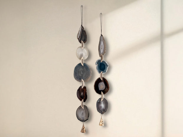 Set of 2 Gray-Blue White & Brown Agate Wall Hanging - Driftwood Ember Boho Garland