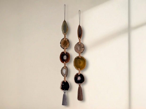 Fall Boho Set No. 2 – Moody Agate Wall Hanging Pair with Gray & Brown Tassels