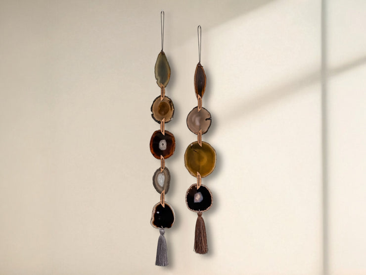 Fall Boho Set No. 2 – Moody Agate Wall Hanging Pair with Gray & Brown Tassels