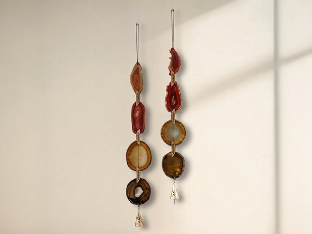Fall Boho Set No. 4 – Amber & Rust Agate Wall Hanging Pair with Brass Bells