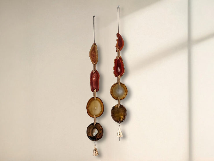 Fall Boho Set No. 4 – Amber & Rust Agate Wall Hanging Pair with Brass Bells