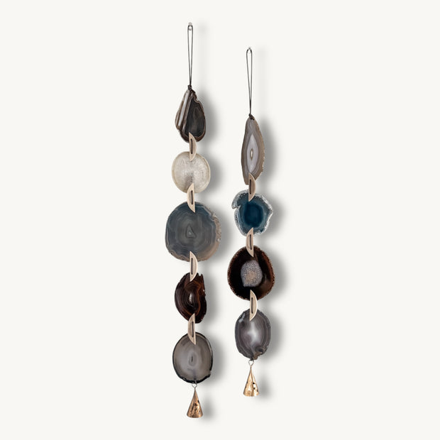 Set of 2 Gray-Blue White & Brown Agate Wall Hanging - Driftwood Ember Boho Garland