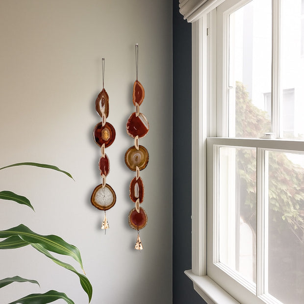 Fall Boho Set No. 1 – Handcrafted Agate Wall Hanging Pair with Rustic Brass Bells
