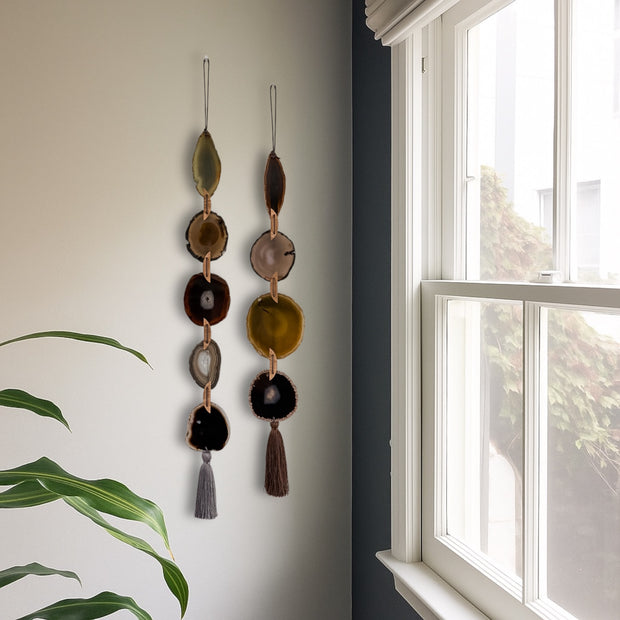 Fall Boho Set No. 2 – Moody Agate Wall Hanging Pair with Gray & Brown Tassels